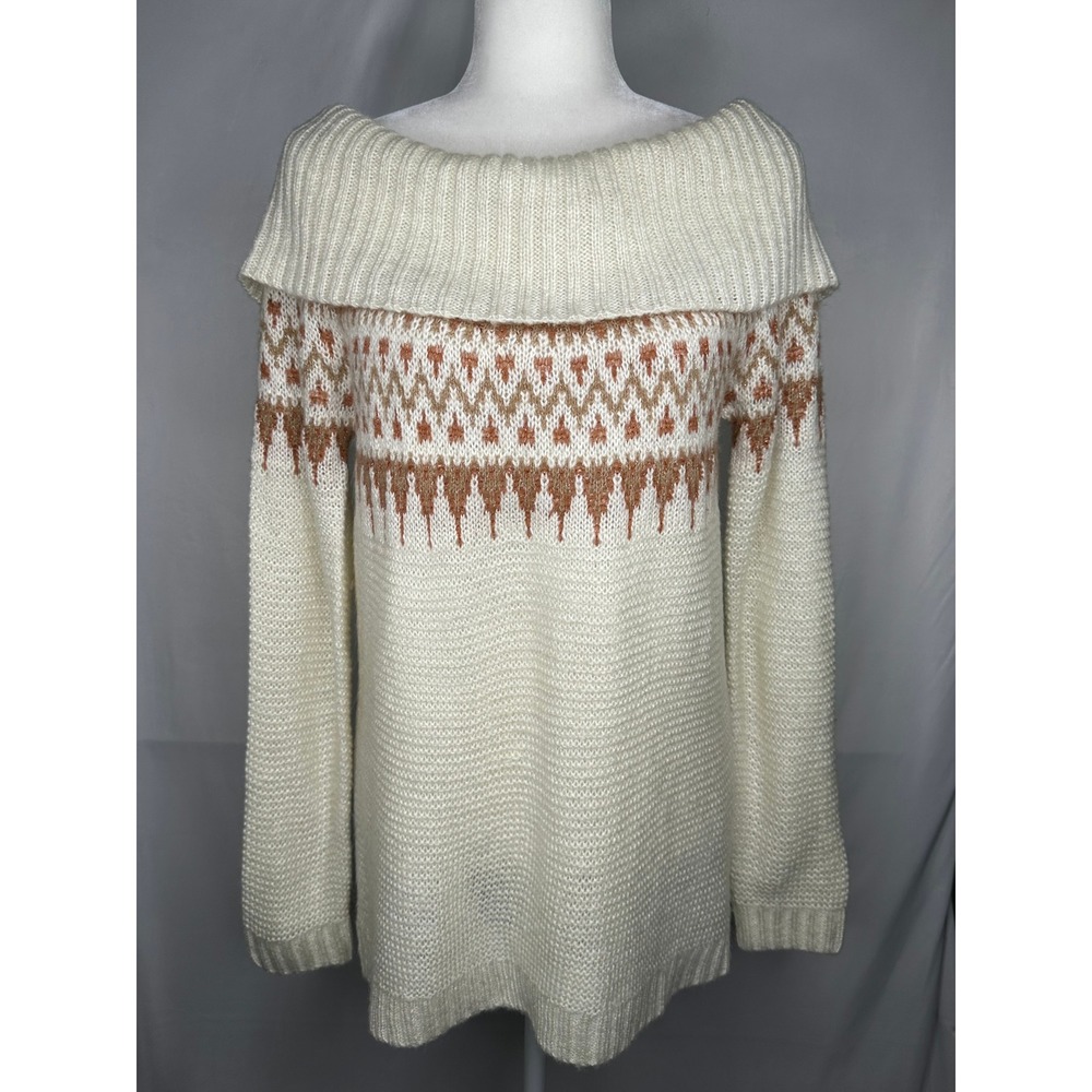 Off Shoulder Fair Isle Knit Sweater Ivory Copper Metallic Maurices Boho Sz M